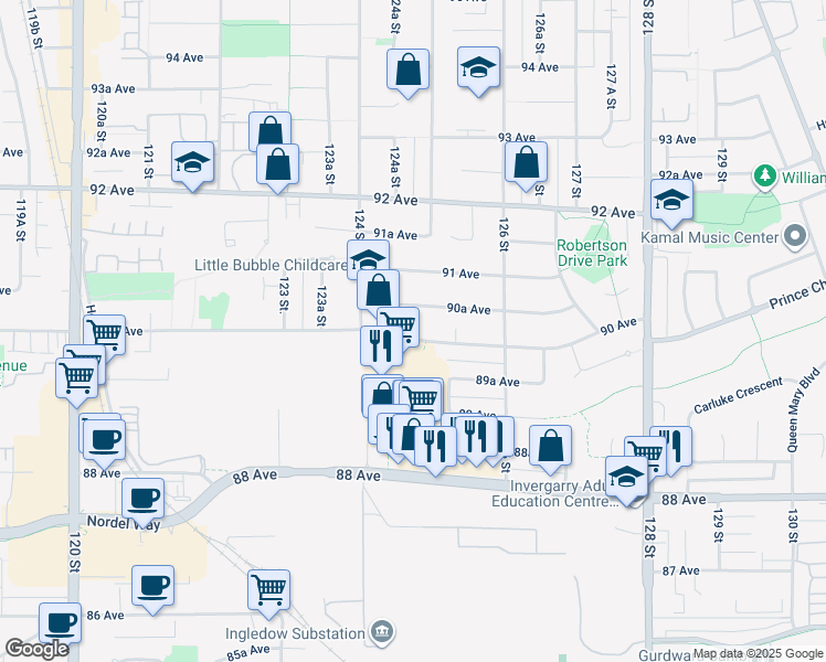 map of restaurants, bars, coffee shops, grocery stores, and more near 12475 90 Avenue in Surrey