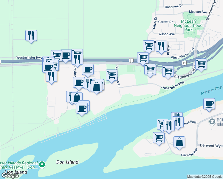 map of restaurants, bars, coffee shops, grocery stores, and more near 21500 Gordon Way in Richmond
