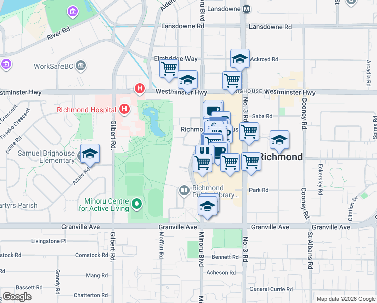 map of restaurants, bars, coffee shops, grocery stores, and more near 6451 Minoru Boulevard in Richmond