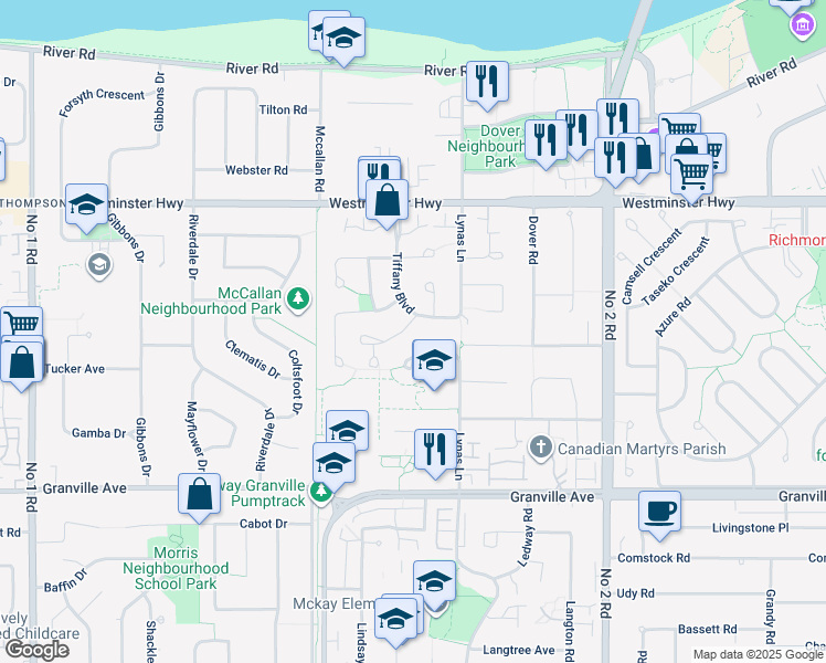 map of restaurants, bars, coffee shops, grocery stores, and more near 5204 Sapphire Place in Richmond