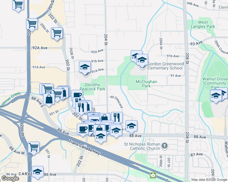 map of restaurants, bars, coffee shops, grocery stores, and more near 20424 90A Avenue in Langley Township