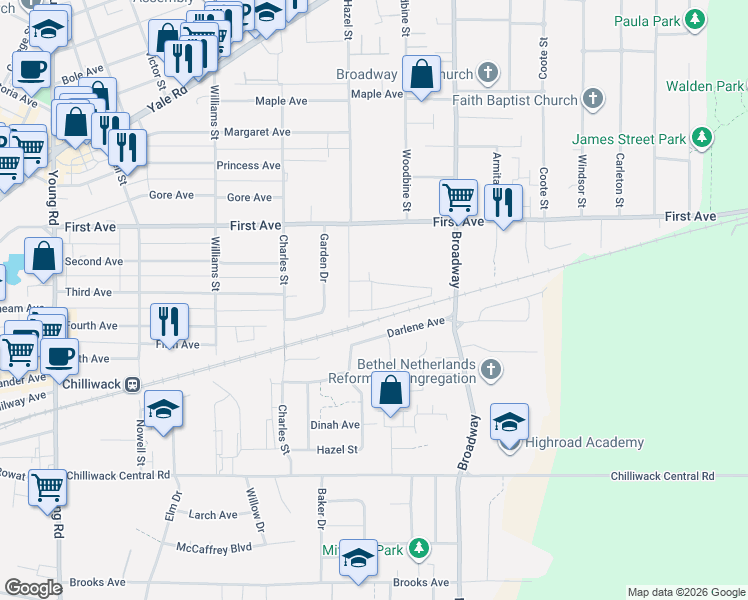 map of restaurants, bars, coffee shops, grocery stores, and more near 9102 Hazel Street in Chilliwack