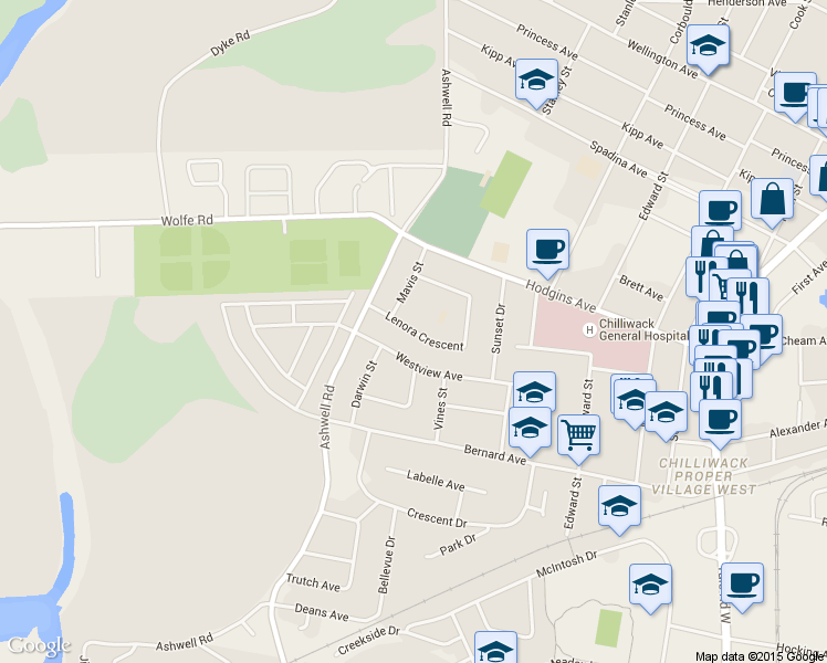 map of restaurants, bars, coffee shops, grocery stores, and more near 45268 Lenora Crescent in Chilliwack