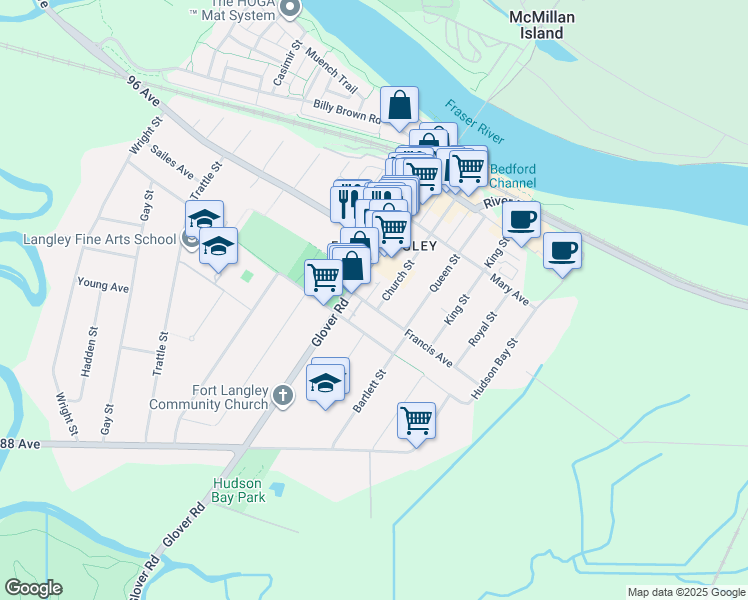 map of restaurants, bars, coffee shops, grocery stores, and more near 23189 Francis Avenue in Langley Township
