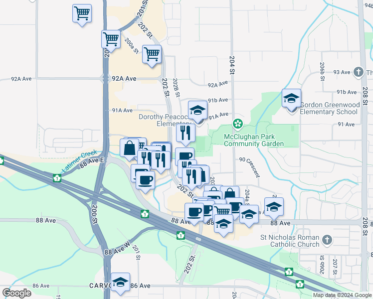 map of restaurants, bars, coffee shops, grocery stores, and more near 9020 202 Street in Langley