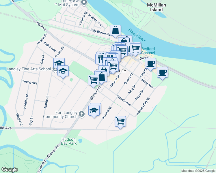 map of restaurants, bars, coffee shops, grocery stores, and more near 9045 Church Street in Langley Township