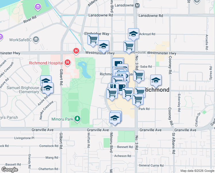 map of restaurants, bars, coffee shops, grocery stores, and more near 6300 Minoru Boulevard in Richmond