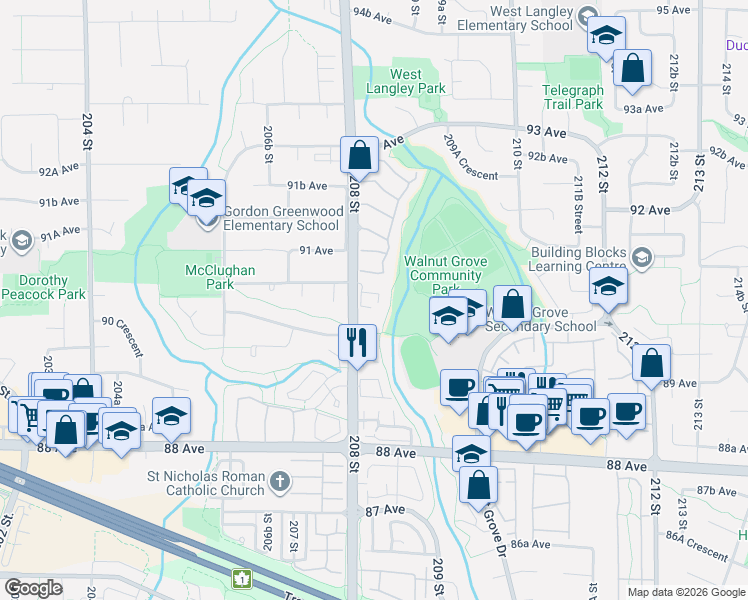 map of restaurants, bars, coffee shops, grocery stores, and more near in Langley Township
