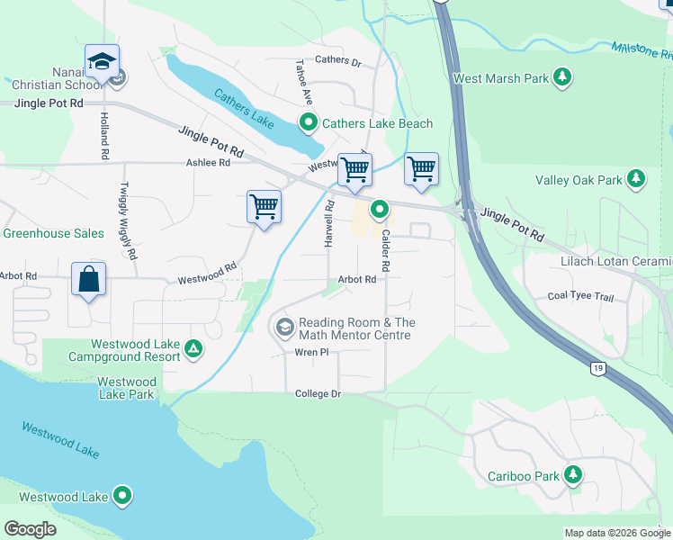 map of restaurants, bars, coffee shops, grocery stores, and more near 296 Harwell Road in Nanaimo
