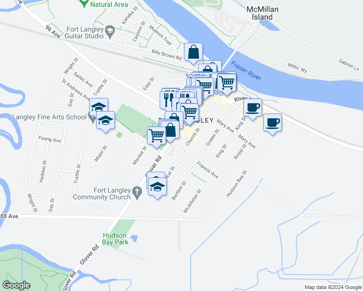 map of restaurants, bars, coffee shops, grocery stores, and more near 23189 Francis Avenue in Langley Township