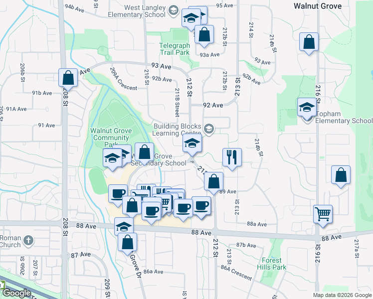 map of restaurants, bars, coffee shops, grocery stores, and more near 9045 Walnut Grove Drive in Langley Township