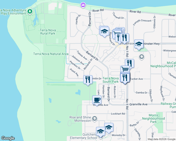 map of restaurants, bars, coffee shops, grocery stores, and more near 6079 Dunsmuir Crescent in Richmond