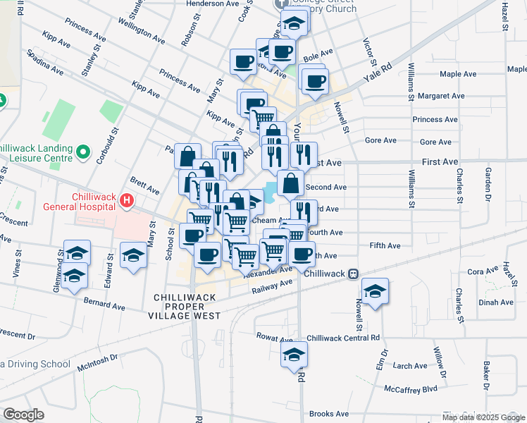 map of restaurants, bars, coffee shops, grocery stores, and more near 45915 Cheam Avenue in Chilliwack
