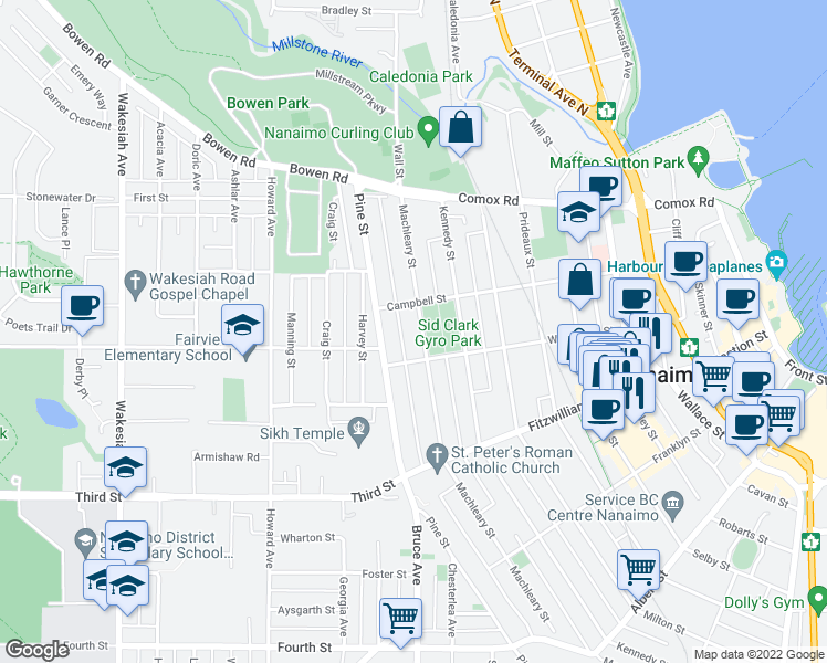 map of restaurants, bars, coffee shops, grocery stores, and more near 115 Machleary Street in Nanaimo