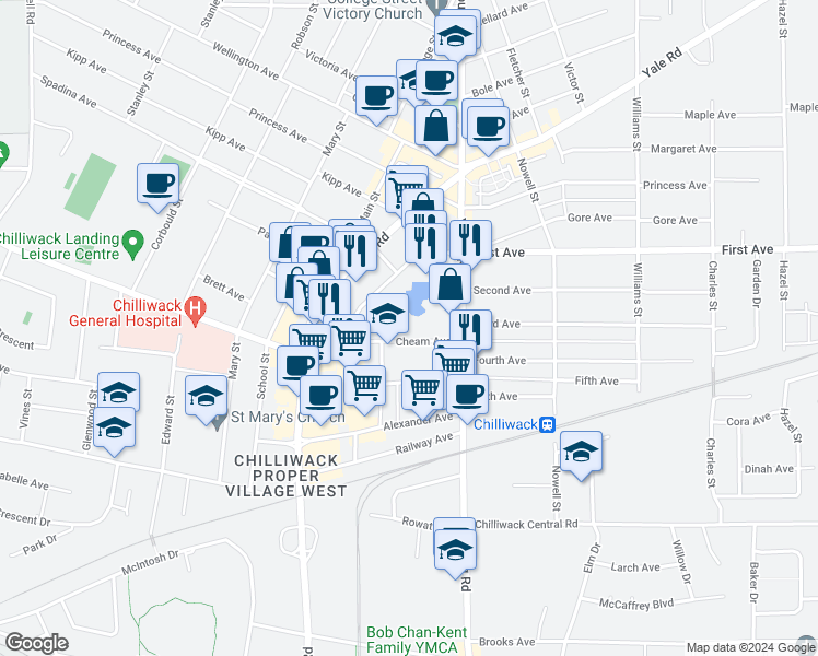 map of restaurants, bars, coffee shops, grocery stores, and more near 45915 Cheam Avenue in Chilliwack