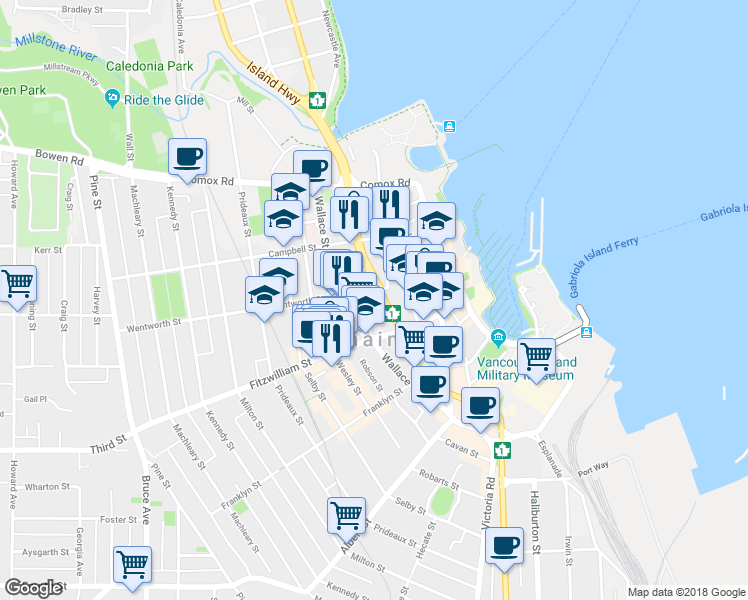 map of restaurants, bars, coffee shops, grocery stores, and more near 215 Terminal Avenue in Nanaimo