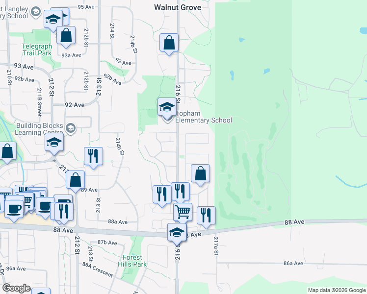 map of restaurants, bars, coffee shops, grocery stores, and more near 9057 216A Street in Langley