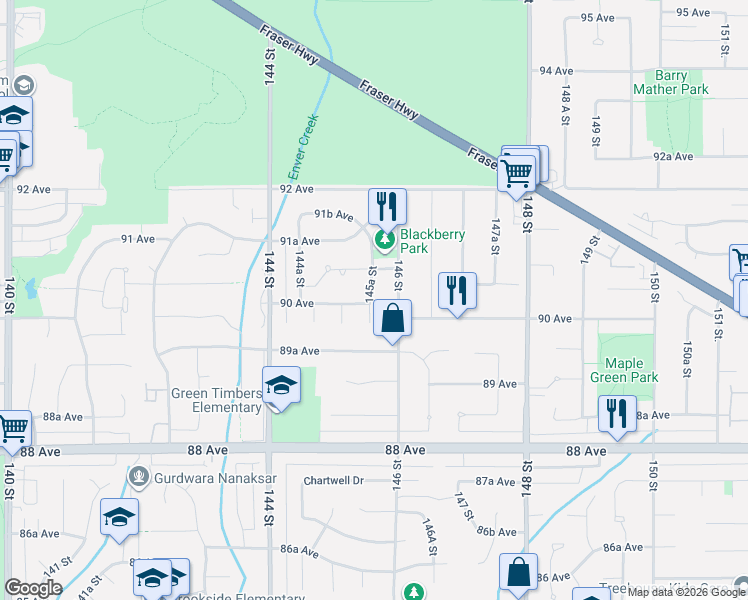 map of restaurants, bars, coffee shops, grocery stores, and more near in Surrey
