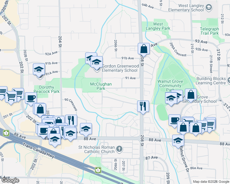 map of restaurants, bars, coffee shops, grocery stores, and more near 20666 90A Avenue in Langley Township
