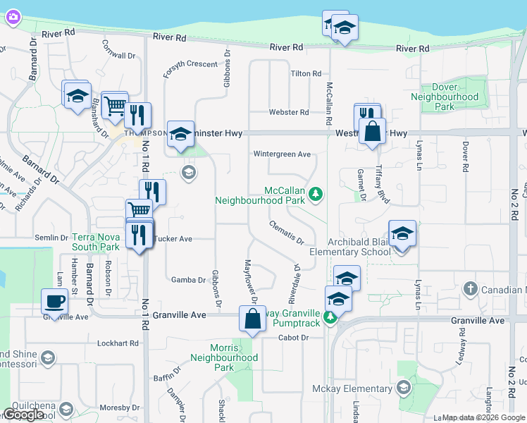 map of restaurants, bars, coffee shops, grocery stores, and more near 6351 Clematis Drive in Richmond