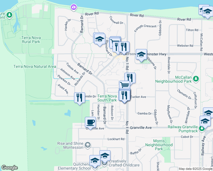 map of restaurants, bars, coffee shops, grocery stores, and more near 6588 Barnard Drive in Richmond