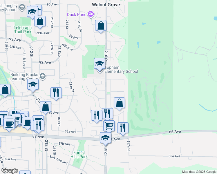 map of restaurants, bars, coffee shops, grocery stores, and more near 9057 216A Street in Langley Township