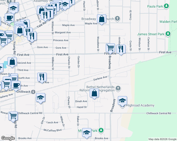 map of restaurants, bars, coffee shops, grocery stores, and more near 9102 Hazel Street in Chilliwack