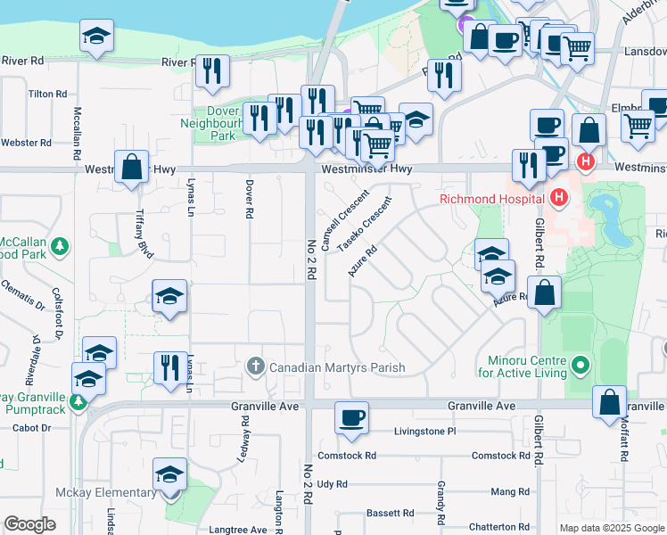 map of restaurants, bars, coffee shops, grocery stores, and more near 6240 Camsell Crescent in Richmond