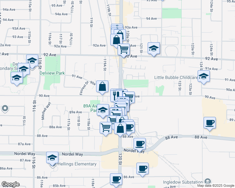 map of restaurants, bars, coffee shops, grocery stores, and more near 9015 120 Street in Delta