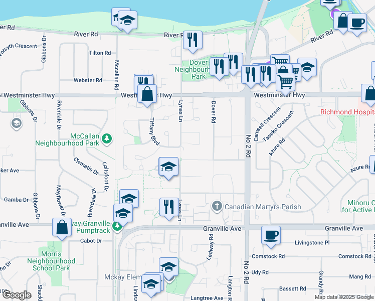 map of restaurants, bars, coffee shops, grocery stores, and more near 6360 Lynas Lane in Richmond