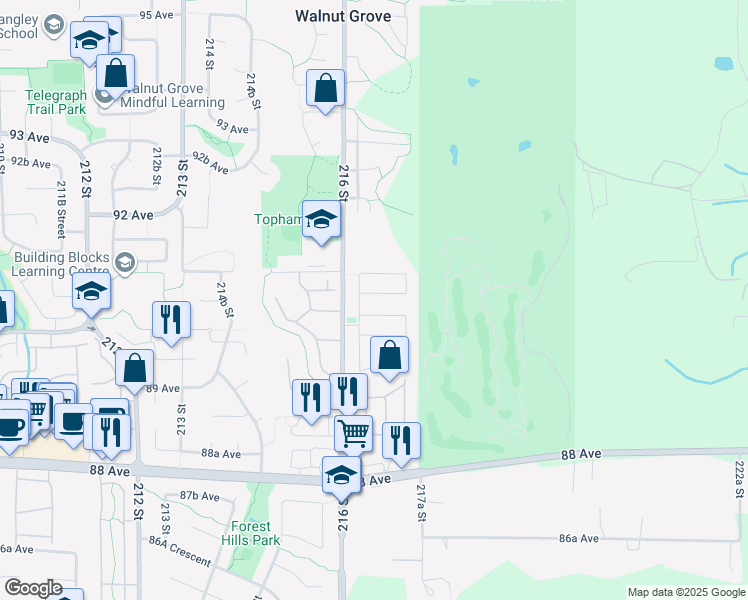 map of restaurants, bars, coffee shops, grocery stores, and more near 21664 90B Avenue in Langley