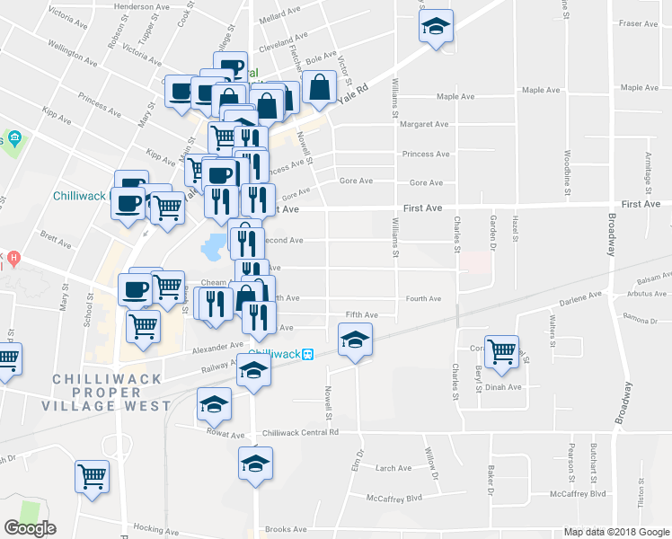 map of restaurants, bars, coffee shops, grocery stores, and more near 46121 Third Avenue in Chilliwack