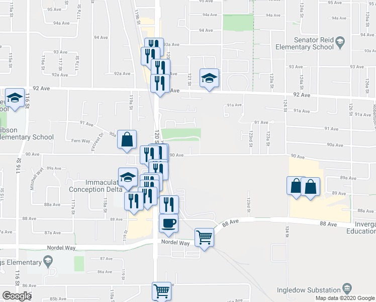 map of restaurants, bars, coffee shops, grocery stores, and more near 12095 90 Avenue in Surrey