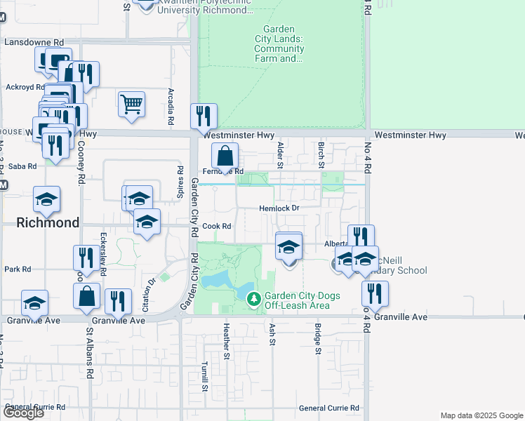 map of restaurants, bars, coffee shops, grocery stores, and more near 9373 Hemlock Drive in Richmond