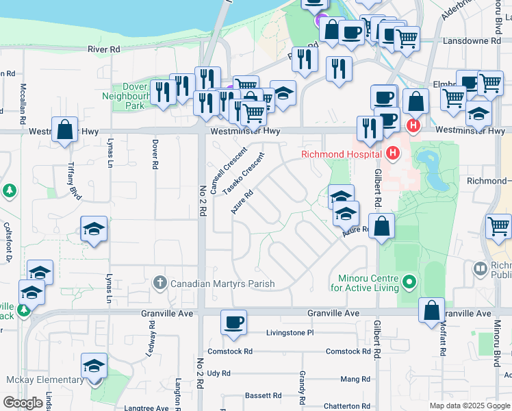 map of restaurants, bars, coffee shops, grocery stores, and more near 6451 Mara Crescent in Richmond