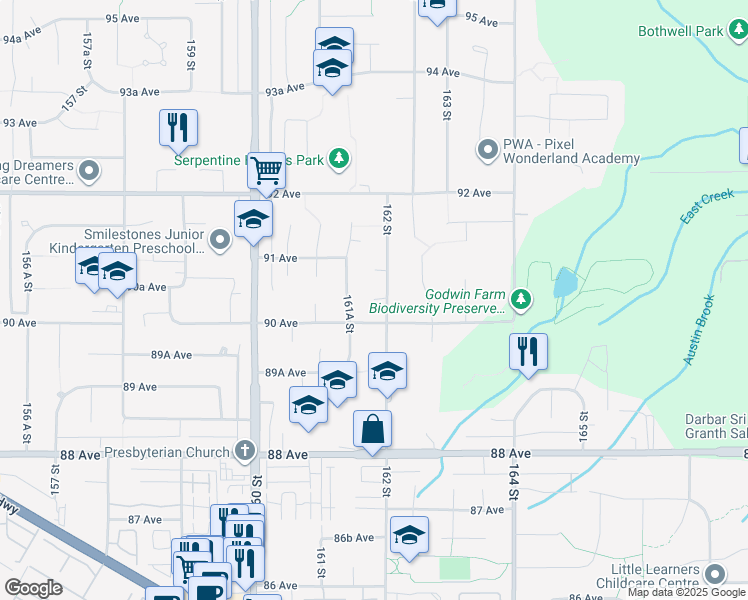 map of restaurants, bars, coffee shops, grocery stores, and more near 16197 90A Avenue in Surrey