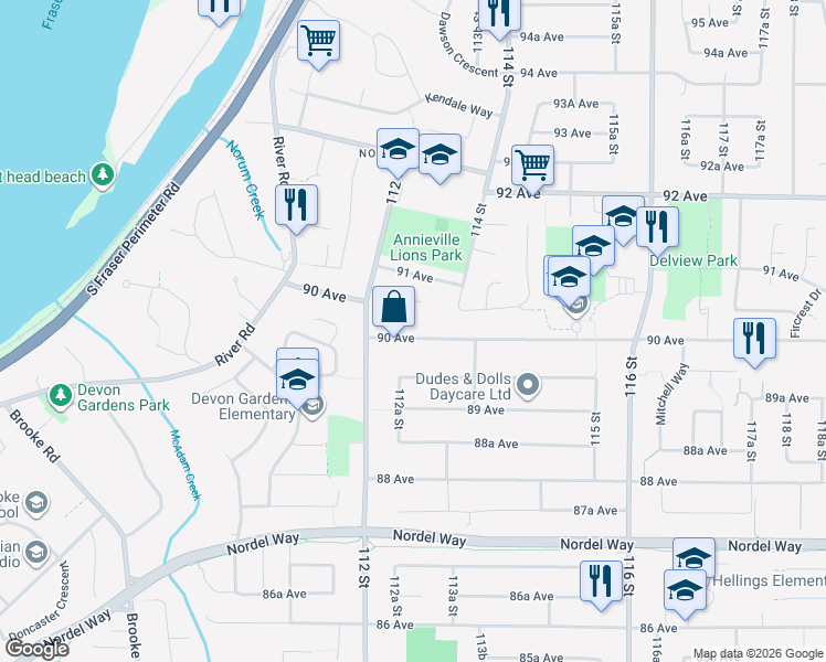 map of restaurants, bars, coffee shops, grocery stores, and more near 11265 90 Avenue in Delta