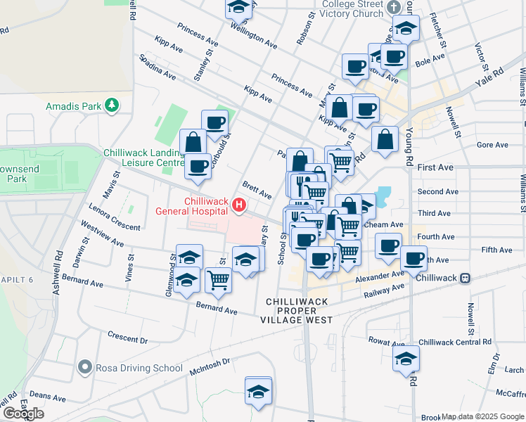 map of restaurants, bars, coffee shops, grocery stores, and more near 45647 Hodgins Avenue in Chilliwack