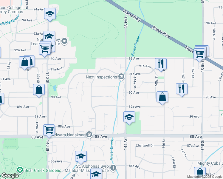 map of restaurants, bars, coffee shops, grocery stores, and more near 14336 90A Avenue in Surrey