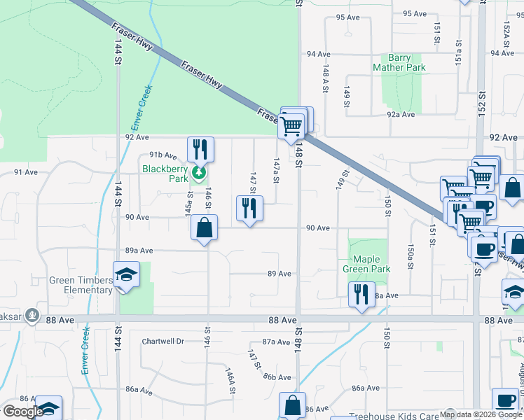 map of restaurants, bars, coffee shops, grocery stores, and more near 14718 90A Avenue in Surrey