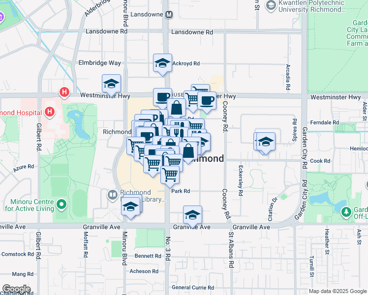 map of restaurants, bars, coffee shops, grocery stores, and more near 6328 Number 3 Road in Richmond