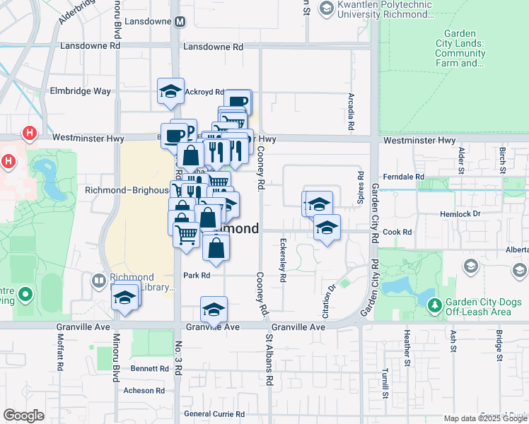 map of restaurants, bars, coffee shops, grocery stores, and more near 6468 Cooney Road in Richmond
