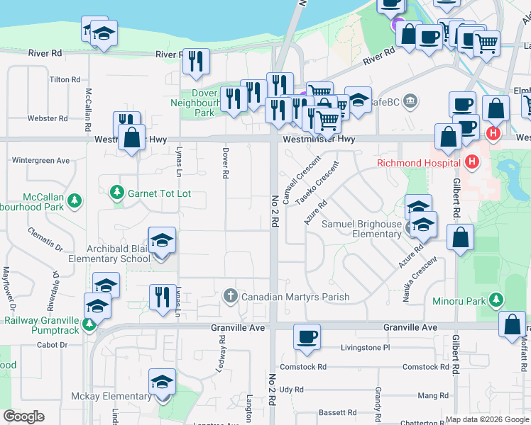 map of restaurants, bars, coffee shops, grocery stores, and more near 6311 Number 2 Road in Richmond