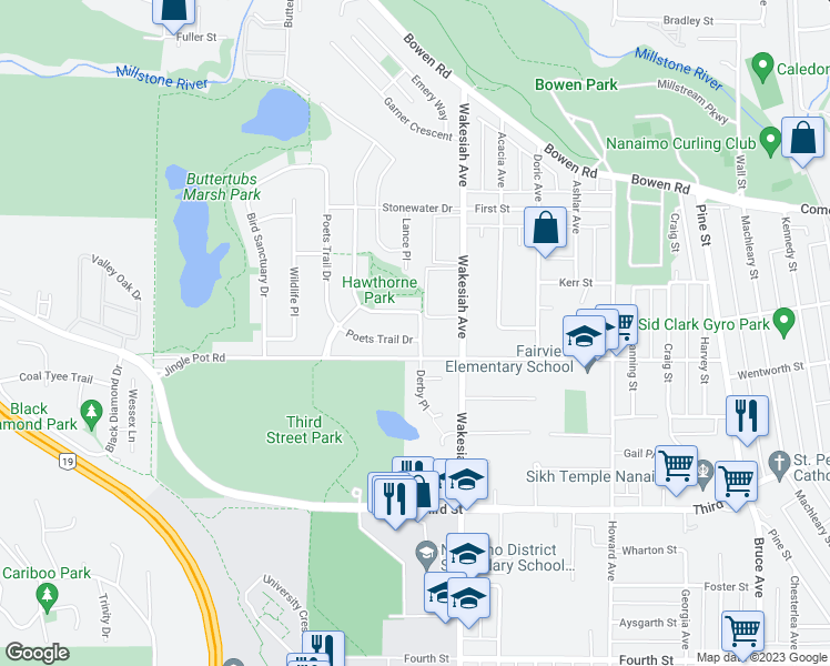map of restaurants, bars, coffee shops, grocery stores, and more near 921 Sarum Rise Way in Nanaimo