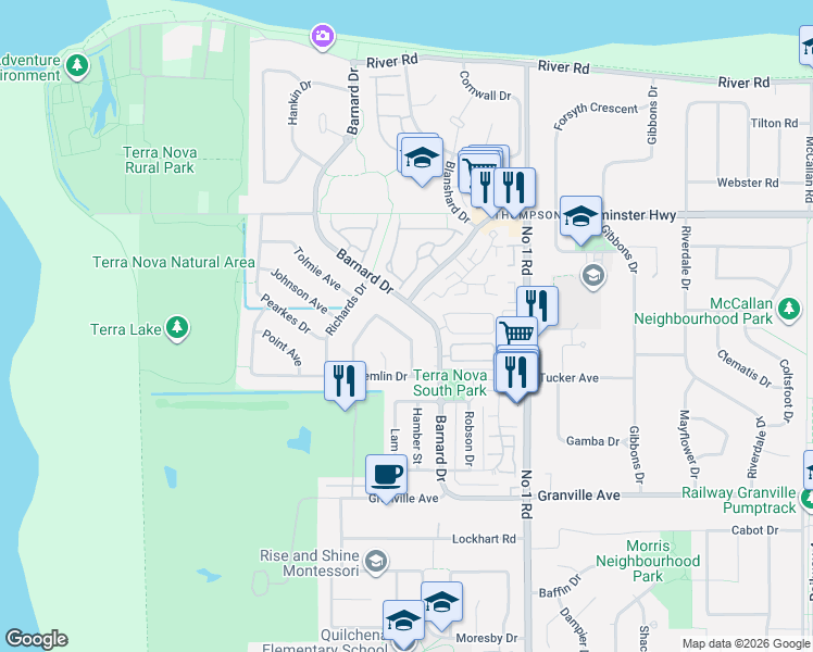 map of restaurants, bars, coffee shops, grocery stores, and more near 6215 Dunsmuir Crescent in Richmond
