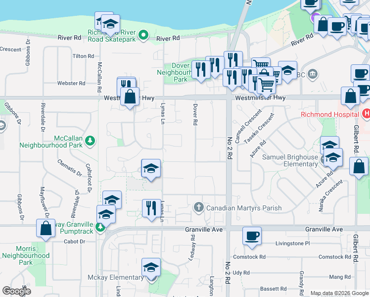 map of restaurants, bars, coffee shops, grocery stores, and more near 5811 Pearl Court in Richmond