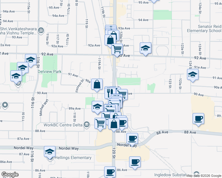 map of restaurants, bars, coffee shops, grocery stores, and more near in Delta