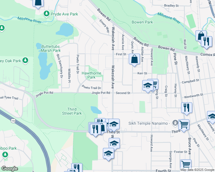 map of restaurants, bars, coffee shops, grocery stores, and more near 1406 Jingle Pot Road in Nanaimo