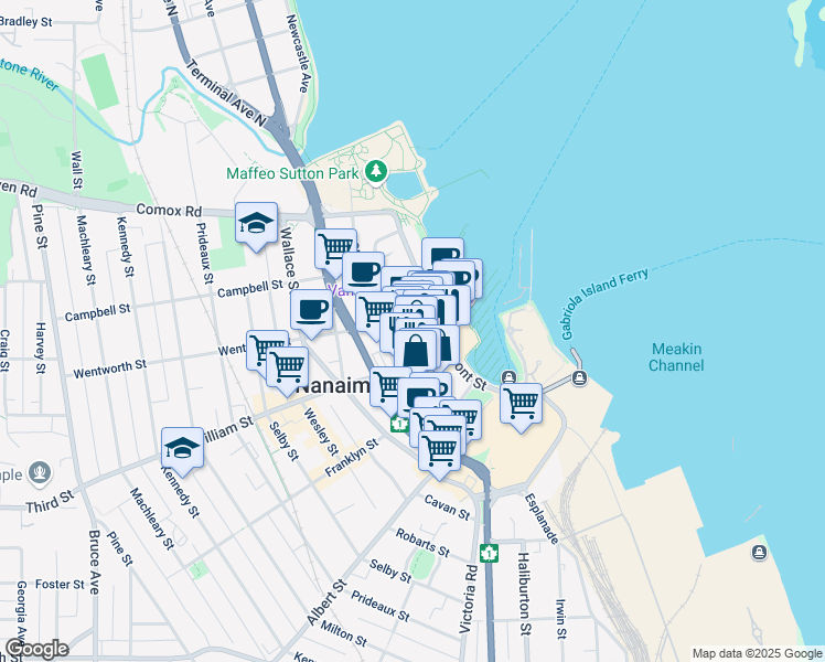 map of restaurants, bars, coffee shops, grocery stores, and more near 17 Church Street in Nanaimo