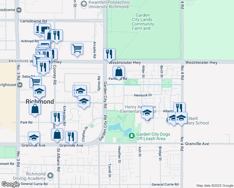 map of restaurants, bars, coffee shops, grocery stores, and more near 9133 Hemlock Drive in Richmond